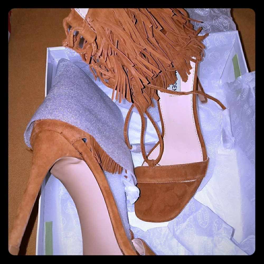 Tan fringe ankle lace up sandal
